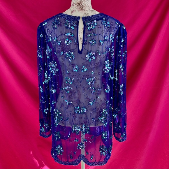 Sequin Beaded Sheer Purple Tunic Top XL Vintage Y2K Lillie Rubin Glam Party - Picture 11 of 17